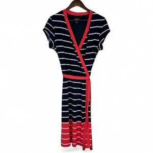 Liz Claiborne Navy and Apricot Striped Midi Dress